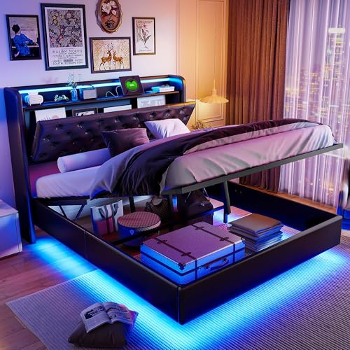 LONELYO Polsterbett Stauraumbett Doppelbett Mit LED-Beleuchtung, Bettkasten, Kunstleder, Lattenrost, 140x200 cm (140x200 cm)