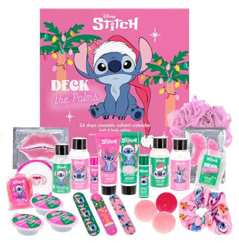 MAD Beauty Calendrier de l'Avent Disney STITCH avec 24 produits cosmétiques, calendrier de l'Avent bien-être pour femmes et filles avec masque facial, lotion pour le corps, chouchou à cheveux, lime à