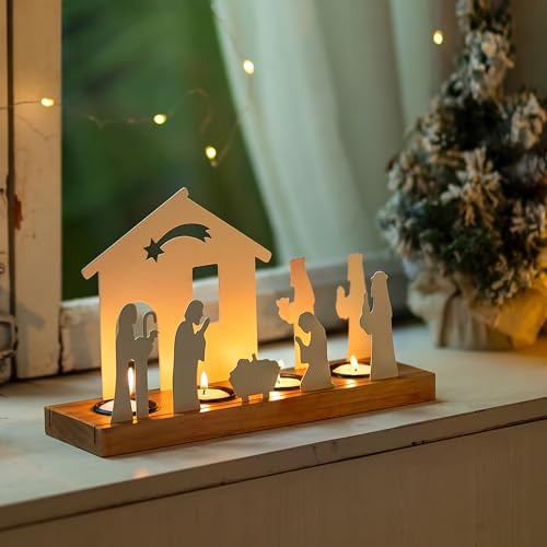 Inweder Presepe di Natale Portacandele: Presepe Piccoli di Tavola Bianco con Base in Legno Portalumini per Interni Festival Camino Avvento Regali per Cristiani