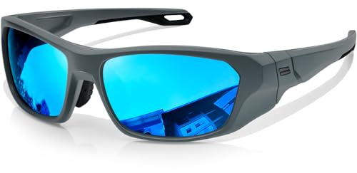 KANASTAL Lunettes Polarisées Sport Homme et Femme UV400 Monture Grise Verres Bleus Cadre Enveloppant TR90 Ski Randonnée Conduite