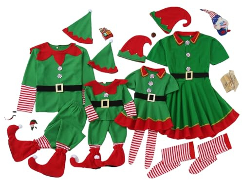 Costume Elfe Noël Adulte Enfant Déguisement Lutin Complet Famille Ensemble pour Fête de Noel Costume Lutin Femme Fille Homme Enfant Bonnet Robe Tenue De Noël Complet Famille (A01, 5-6 Years)