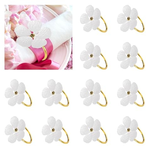 QUARKZMAN 12Pcs Anelli Per Tovaglioli A Fiori, Passatovaglioli Floreali In Lega Per Decorazioni Tavolo Da Pranzo Matrimonio Completo Vacanze Feste, Bianco