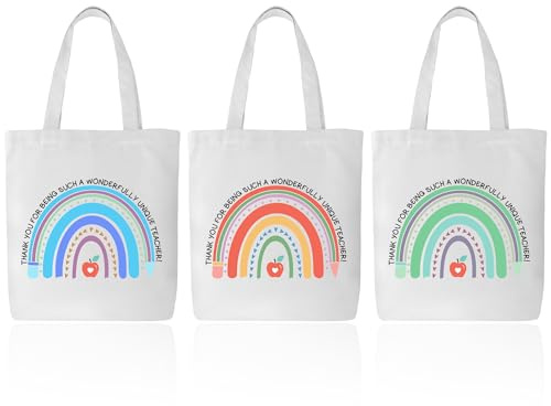 QCYFJZFU 3Pcs Teacher Appreciation Gifts Canvas Tote Bag, Rainbow Teacher Bag for Women, Leaving School Gifts Graduation Presents Thank You Teachers Present
