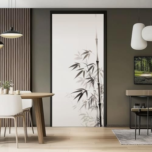 95 x 215 cm Adesivi Per Porte, Grigio Orientale Pittura A Inchiostro Bambù Rami E Foglie Tema Autoadesiva Carta Da Parati In Pvc Fotomurali Decorazione Poster Soggiorno Camera Da Letto Bagno Murale