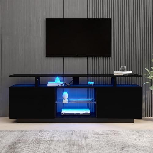 Raeln Ljus svart TV-bänk 140 cm med LED, TV-bänk med 2 dörrar och glashylla, 60 tums TV-stativ för vardagsrumsmöbel och buffé för vardagsrum, sovrum