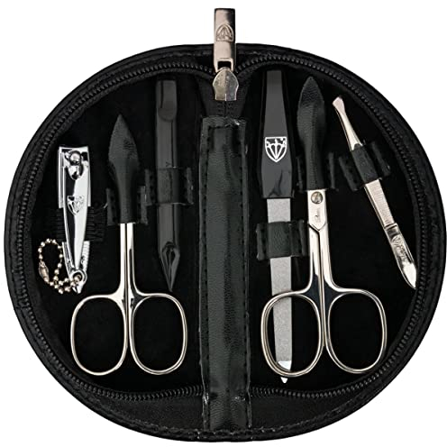 DREI SCHWERTER Germany Maniküre Set Nageletui 'Pescara' - 6-tlg. Nagelschere, Hautschere, Nagelknipser, Saphirnagelfeile, Nagelreiniger, Pinzette, Farbe Kunstleder schwarz
