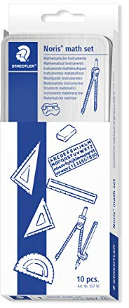 Staedtler 557 10 Noris Math Set, kit di strumenti per le prime lezioni di matematica, con matita, temperino, compasso, righello, squadre, goniometro