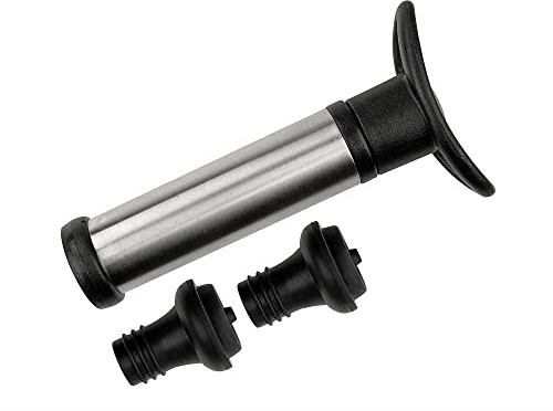 Fackelmann Bomba Vacío 2 Tapones, Hermético, Conserva el Vino con Aroma y Sabor, Acero Inoxidable, Elastómero ABS, 15.5 x 8.5 cm, Color Negro e Inox, 22 x 7 x 3 cm, 1 Unidad