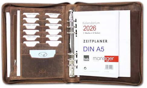 ALMADIH Ledermappe A5 Leder Organizer mit Ringmechanik Reißverschluss Kalender 2026 - Leder Mappe Premium Rindsleder braun vintage OS Ledermappe Terminplaner Terminkalender (A5 Org S bv)