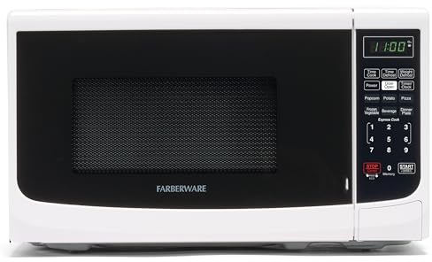 Farberware 0.7 Cu. Ft. Countertop Microwave Oven – 700 Watts Power, Auto Cook Settings, Defrost, Easy Clean and Child Safety Lock - White