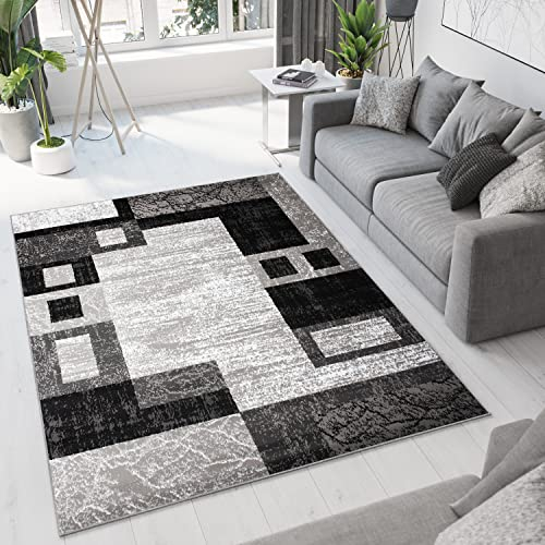TAPISO Dream Teppich Modern Wohnzimmer Kurzflor Grau Creme Schwarz Vierecke Geometrische Figuren Meliert Schlafzimmer Küche ÖKOTEX 200 x 300 cm