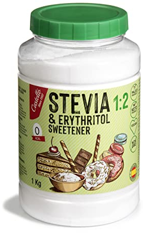 Castello since 1907 Stevia + Erythritol 1:2 Sweetener | 1g = 2g of sugar | 100% Natural taste Sugar Substitute - 0 Calories - 0 Glycemic Index - Keto and Paleo - 0 Net Carbohydrates - Non-GMO - 1kg