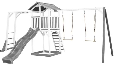 AXI Beach Tower Wooden Play Tower in Grey and White | Play tower with sandpit, climbing frame, Double Swing Set and grey slide | Play house on stilts for the garden