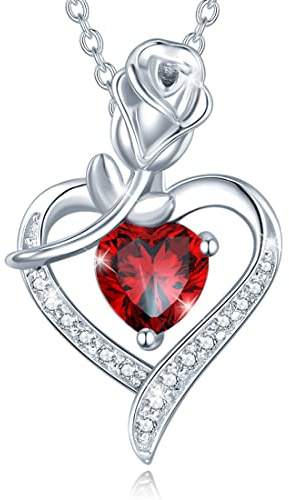 AGVANA January Birthstone Jewelry Garnet Necklace for Women Sterling Silver Rose Flower Heart Pendant Necklace Fine Jewelry Anniversary Birthday Gifts for Women Mom Wife Lady Her