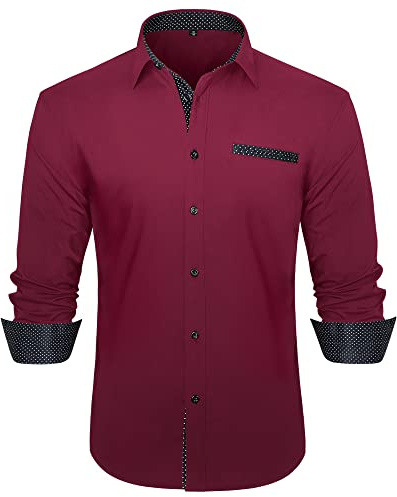 HISDERN Herrskjorta långärmad normal passform skjorta för män kostym business bröllop fritid fest formell buttondown-affärsskjorta, Burgund, S