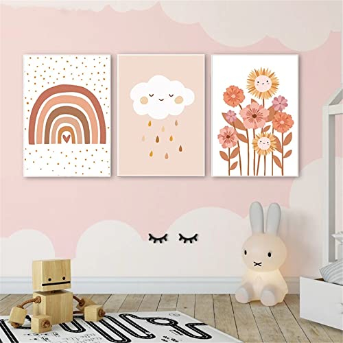 EXQULEG 3er Set Poster Kinderzimmer Regenbogen Wolken Blumen Bilder Ohne Rahmen,Bilder Babyzimmer DIN A4 Boho Deko Junge Mädchen (A)