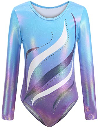 Sinoeem Gymnastikanzug Kinder Mädchen Langarm/Ärmellos Klassisch Turnanzug Ballettröckchen Trikotanzug Tanz Gymnastik Training Dancewear für Mädchen (Blau-langarm, 7-8Jahre)