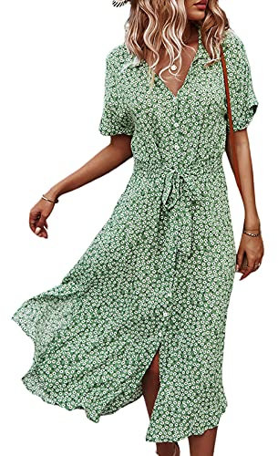 Women's Summer Button Down Midi Dress Short Sleeve V Neck Floral Lapel Ruffle Ditsy Loose Boho Swing Shirt Dress (Z-Green, L)