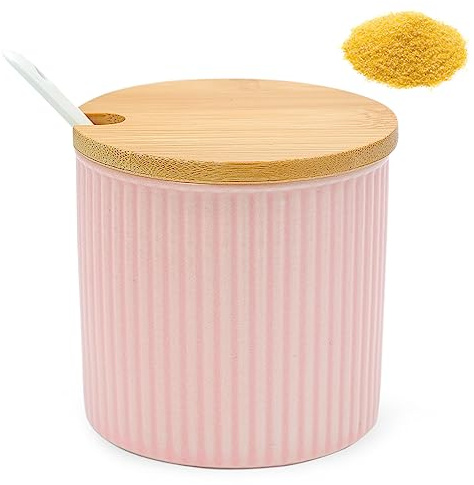 YAXIDAEVER Azucarero con tapa de madera, recipiente de sal de cerámica de 240 ml, tarros de especias con cuchara para servir azúcar, pimienta, especias