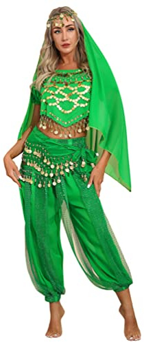 inhzoy Vestito da danza del ventre da donna, costume da principessa araba, abito da ballo indiano, con lustrini, set di danza orientale, 4 pezzi, per feste performance, Verde, Taglia unica
