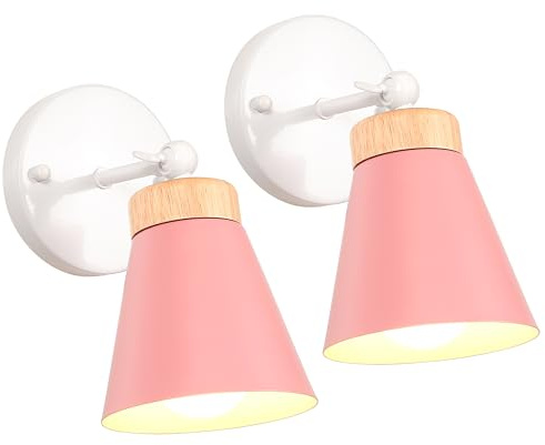 iDEGU 2 stycken retro vägglampor av trä metall lampskärm 180° vridbar väggspot modern taklampa LED vägglampa inomhus för vardagsrum sovrum hall kök (rosa)
