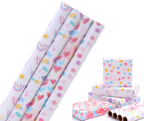 HBell 4 rotoli di carta da regalo per compleanno, 43 cm x 3 m, carta da regalo con arcobaleno, adatta per compleanni, San Valentino, feste, matrimoni, baby shower, decorazioni natalizie
