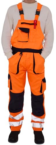 LABEL APPAREL Men's Hi Vis Bib & Brace Workwear Dungarees Adjustable Straps Work Dungarees For Men, Orange/Navy Colour, Size- XL