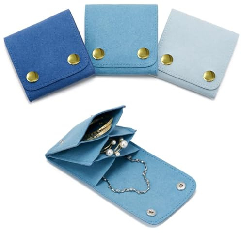 WSXBAGY Small Jewelry Bags 3 Pcs Microfiber Jewerly Rolls Small Bags for Jewelry Gift Bags Jewelry Organizer Pouch with Snap Button for Bracelet Rings Necklace for Traveling Gifting, 3x3, Blue