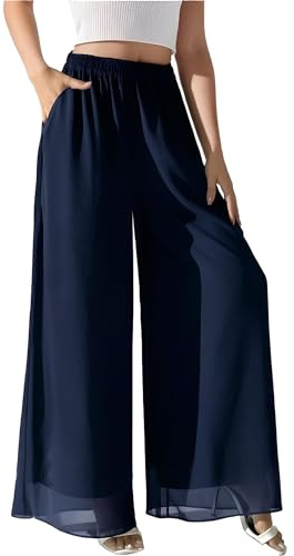 Cnlinkco Palazzo Pantalon d'été décontracté en Mousseline de Soie à Jambes Larges pour Femme, Bleu foncé, Taille S