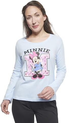 Pijama de Minnie Mouse de Disney para mujer, conjunto de pijama de manga larga, parte superior con pantalón, azul/negro, azul y negro, S