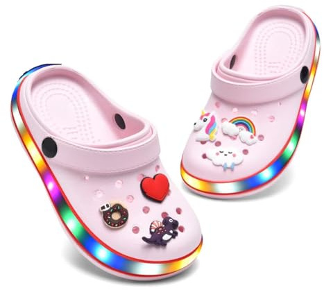 VIYEAR Zuecos LED para niños y niñas, lindos y ligeros, zapatillas de verano, sandalias de playa para jardín, rosa claro, 28 EU