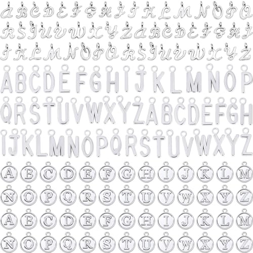 SANNIX 156Pcs/6 Sets Letter Charms, Alphabet ABC Letter Charms 3 Styles Capital A-Z DIY Bracelet Necklace Pendants with 200Pcs Open Jump Rings for Jewelry Making, Antique Silver