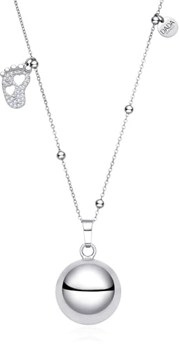 Dada Gioielli - Collar Campana Llamador Ángel Embarazo – Joya sonora Buena Suerte para mamá y bebé Piecito, Trébol, Corazón, Osito, Chupete (Pie de bebé con 2 corazones)