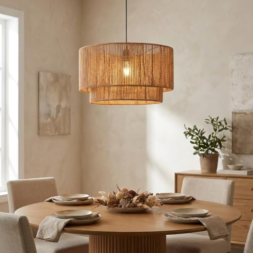 Alpinaluz Lámpara Colgante de Techo Ø45 cm con Pantalla de Papel Trenzado y Estructura de Hierro en Color Marrón Claro – Diseño Boho Vintage para Salón, Comedor y Dormitorio Interior