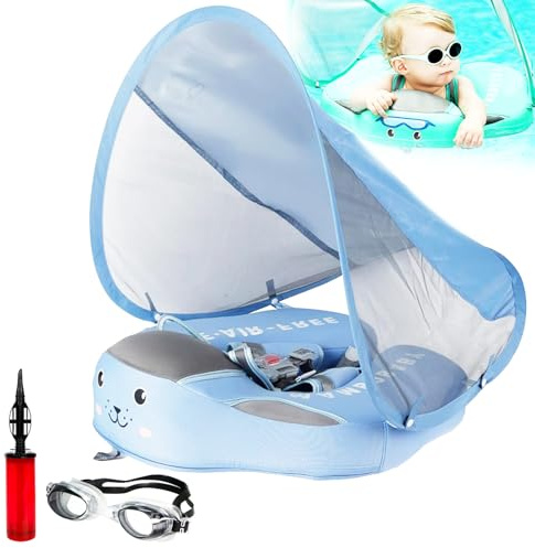 Bouee Mambobaby, Mambo Baby Float, Bouee Bebe avec Pare Soleil SPF 50+, Anneau De Natation Solide avec Auvent Amovible, pour L'entraînement À La Natation des Bébés De 3 À 24 Mois (Bleu)
