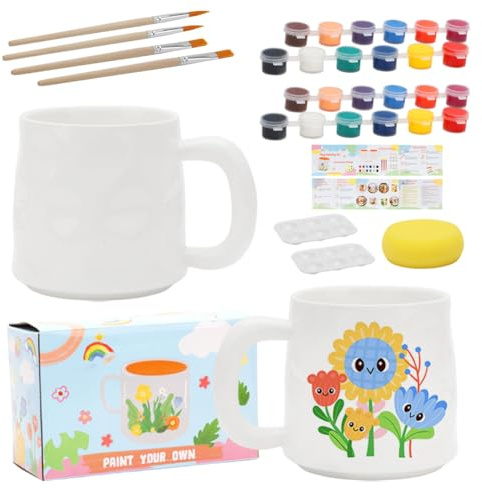 Gohytal Keramikmålningsset, koppmålningsset med 2 keramiska koppar, pensel, levande färger, inspiration att måla hantverk, kaffekoppar målningsset