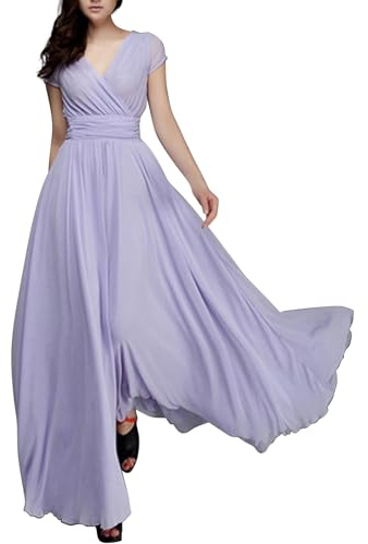 VEMOW Vestido de Noche Largo Mujer Plisada A-línea Vestidos de Fiesta Cuello en V Vestido Envolvente Manga Corta Vestidos de Novia de Gasa Elegant Vestido de Cóctel Ceremonia Ropa(B PP2,L)