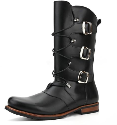 Genérico Hombre Punta Redonda Bota De Motociclista Góticas Cuero PU Botas Largas con Hebilla Tacón Plano Bota De Motero con Cremallera Lateral,Negro,41.5 EU