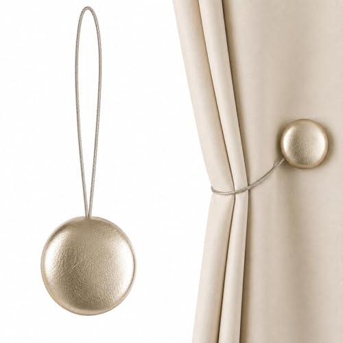 Fermatenda Magnetici Resistenti per Tende 1Pz Bottone Effetto Simil pelle, per Cameretta, Soggiorno e Cucina (TONDO CHAMPAGNE EFFETTO PELLE)