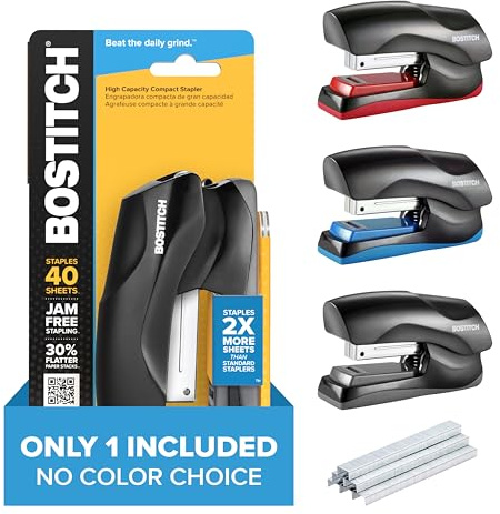 Bostitch Office Heavy Duty Stapler, 40 Sheet Capacity, No Jam, Half Strip, Fits into the Palm of Your Hand, For Classroom, Office or Desk, No Color Choice, One per Order (B175-ASST)