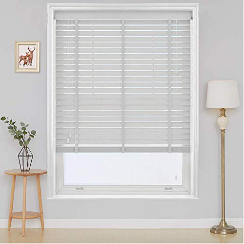 Funky Gadgets Faux Wood Blinds Wooden Grain window Venetian Blind 50mm Horizontal Smooth Slats with Tape White Silver/Grey TRIMMABLE Child Safe (White, W120cmxL150cm)