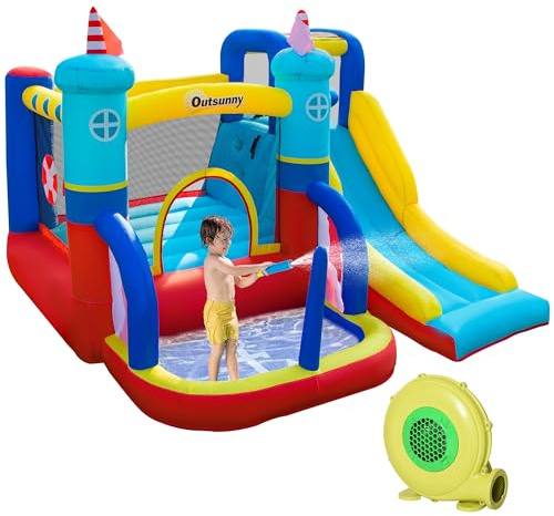 Outsunny Kids Bouncy Castle, 4 in 1 Large Sailboat Style Inflatable House Slide Trampoline Water Pool Climbing Wall with Blower Carrybag for Kids Age 3-8, 2.65 x 2.6 x 2m
