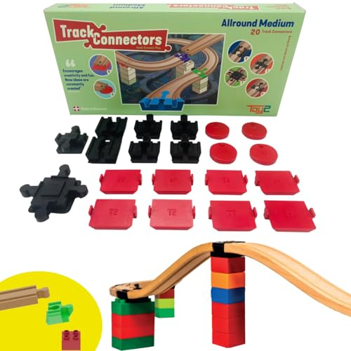 TOY2 Allround Set med 20 skenkontakter lämplig för BRIO & Duplo träbana | Byggsats med 6 olika spårkontakter | Hållbar träjärnväg järnvägsanslutning och träskenor kontakter 21024