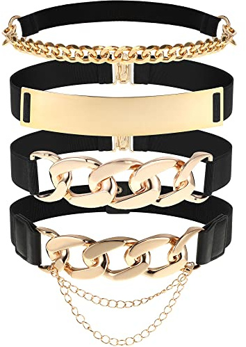 Zhanmai 4 Pieces Belts for Women Metal Gold Stretch Waist Belt Skinny Wide Chain Belt Elastic Belts for Dress(36-42 Inches,Black)