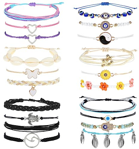 20 Pezzi Braccialetti di Corda Boho Braccialetti Amicizia di Onda da Spiaggia da Donna Braccialetti Portafortuna Filo Colorati Intrecciati a Mano Regolabili Bracciali di Corda Estivi per Ragazza