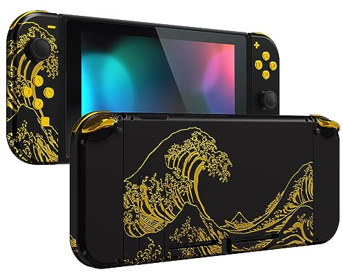 eXtremeRate Coque Remplacement avec Boutons Complete pour Nintendo Switch, Etui pour Switch Console Joycons-The Great Golden Wave Off Kanagawa Noir
