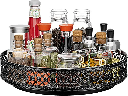 Roterbar Kryddhylla Lazy Susan - 360° roterande metallbricka Blommig Organisatör 28 cm för Köksförvaring Skåp Badrum Bordsskiva, Svart