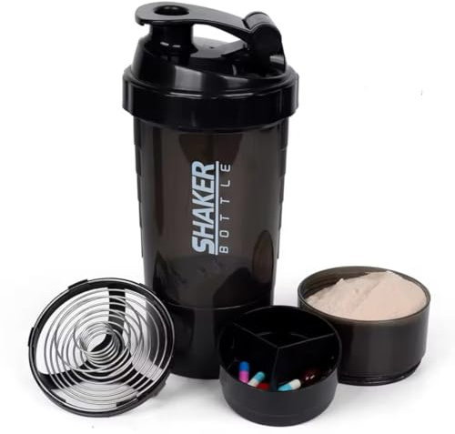 Inov Paris 3-in-1 Sports Bottle Shaker with Compartments, Black, Protein and Supplements