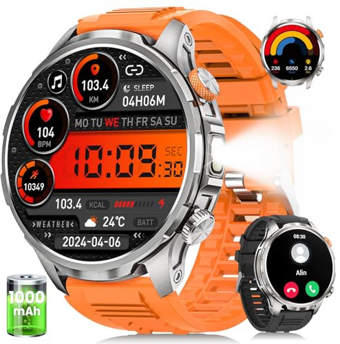 Smartwatch Herren mit 1000mAh Akku/LED Taschenlampen/1.91 AMOLED, 5ATM Wasserdicht Militär Smart Watch mit Telefonfunktion, 113 Sportmodi Sportuhr/Herzfrequenz/Schlafmonitor/SpO2/iOS Android Silber