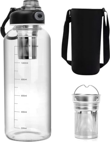 YNNHUDEEP Borraccia 1.5 Litro,Borraccia in vetro con colino da tè, Serratura Sicura, con custodia, con colino, Senza BPA, ideale per gli amanti del tè,Ideale per Sport e Palestra